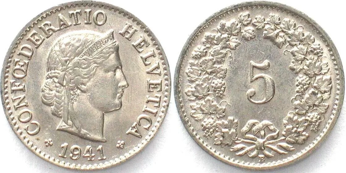 1941 SWITZERLAND 5 Rappen 1941 nickel UNC!