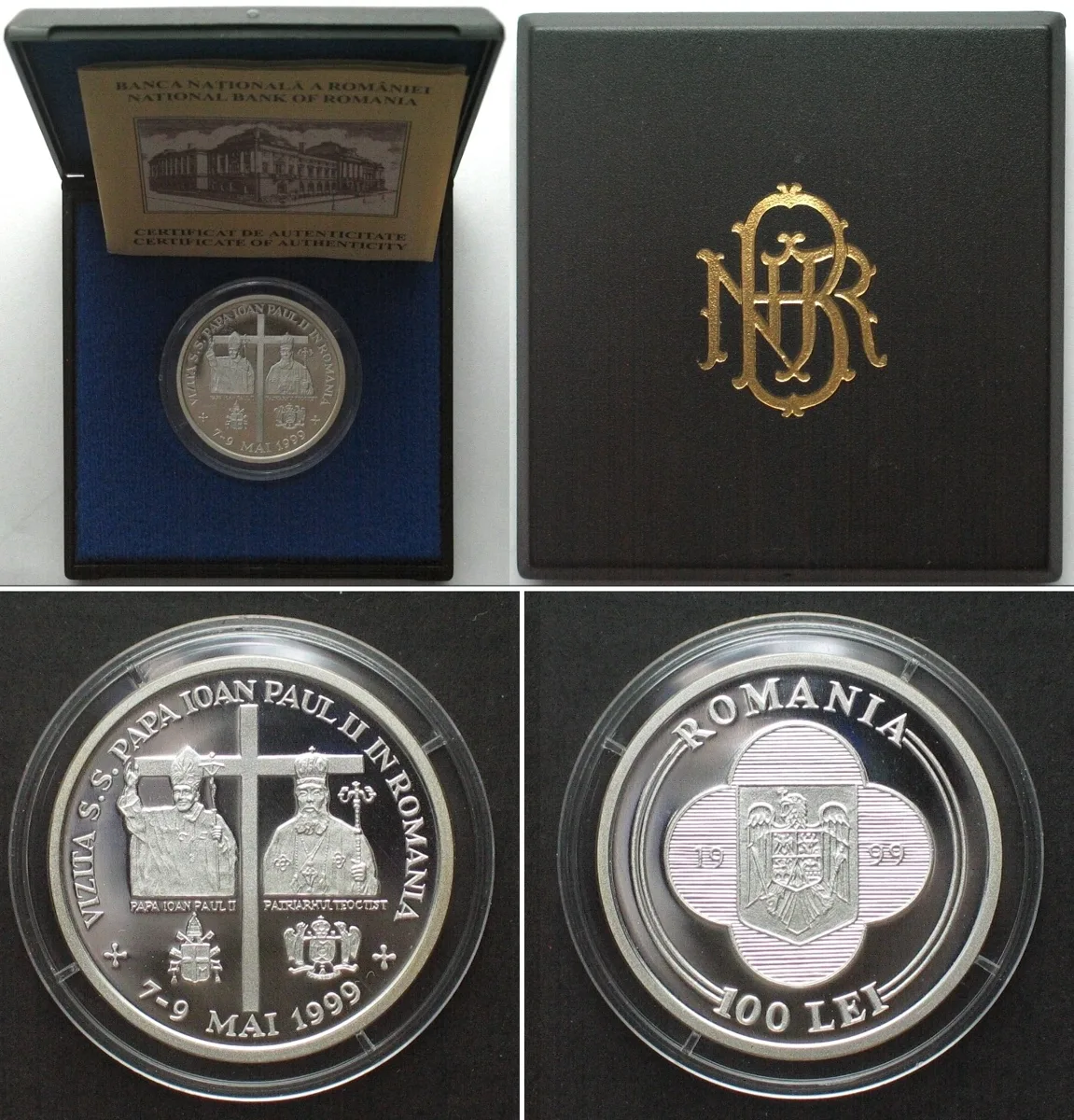 1999 ROMANIA 100 Lei 1999, Visit of Pope John Paul II, silver, Proof, RARE! Proof