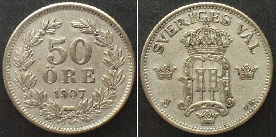 1907 SWEDEN 50 Ore 1907 OSCAR II silver XF! AU