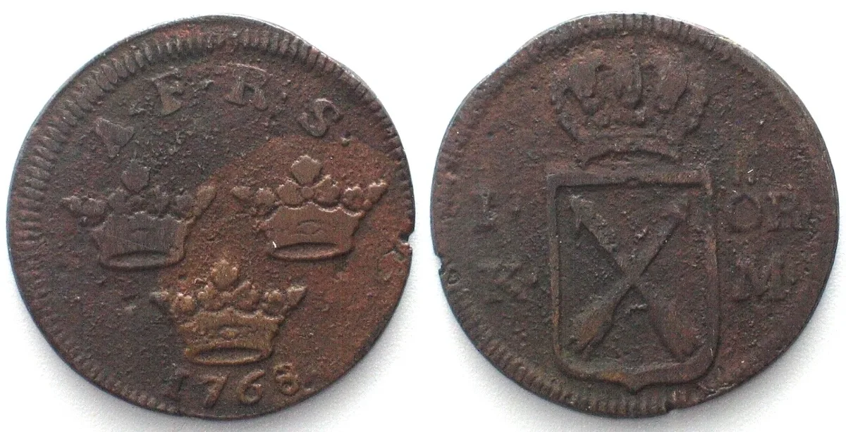 1768 SWEDEN 1 Öre 1768 Large shield ADOLF FREDERICK copper VF+