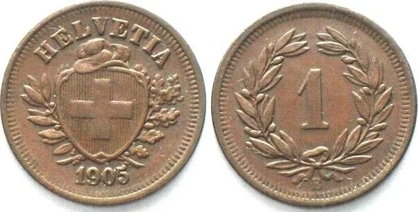 1905 SWITZERLAND 1 Rappen 1905 bronze AU! XF+