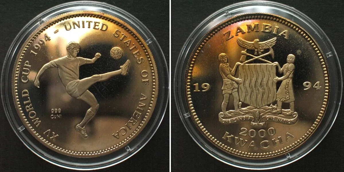 1994 ZAMBIA - PATTERN 2000 Kwacha 1994 WORLD CUP SOCCER Cu-Ni Proof