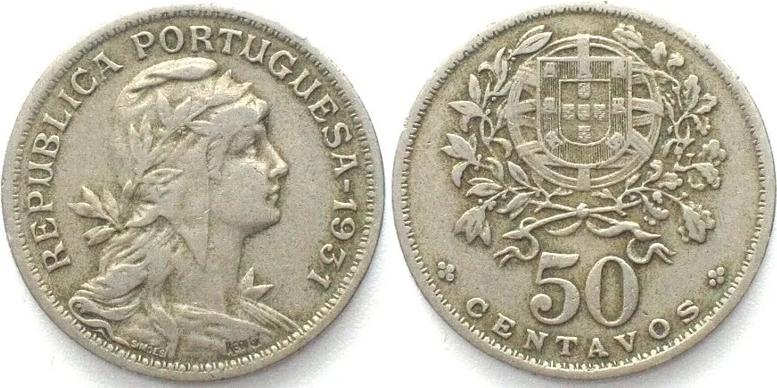 1931 PORTUGAL 50 Centavos 1931 Cu-Ni VF+, scarce date! VF+