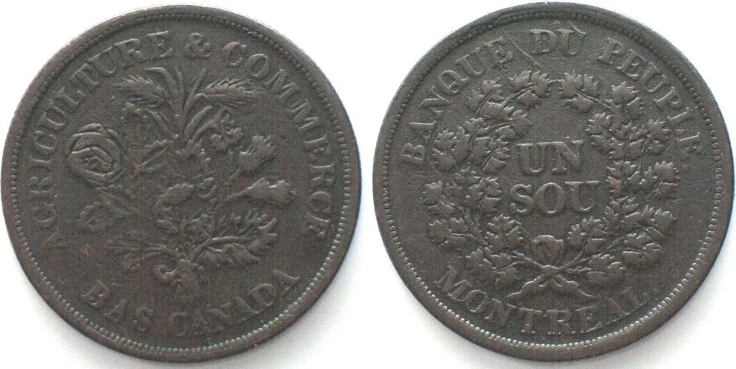 1835-1837 LOWER CANADA. Bouquet Sou token 1835-37, oak wreath, copper VF+
