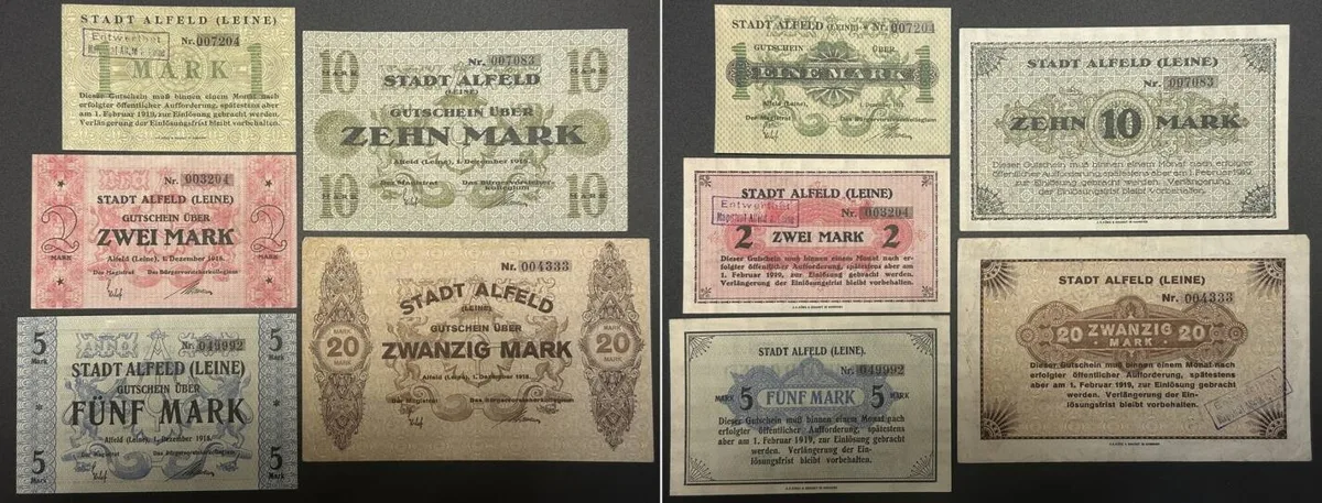 1918 GERMANY. Notgeld. ALFELD (Leine) 1, 2, 5, 10, 20 Mark 1918 4 x UNC, 1 x VF