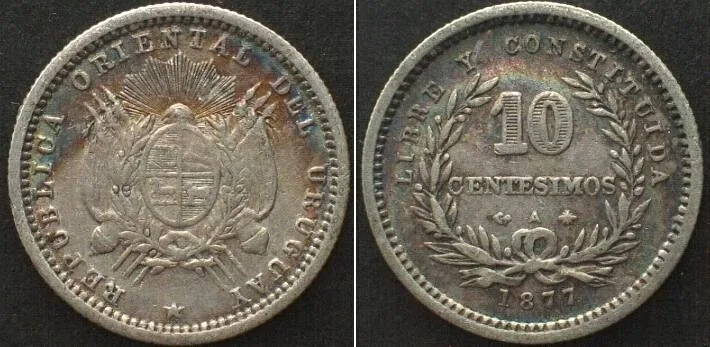 1877 URUGUAY. 10 Centesimos 1877 A, silver VF-XF VF-EF