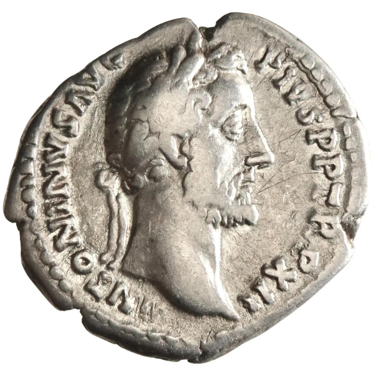 Roman: Antoninus Pius (138-161), silver denarius (3.69g), Rome mint, 148-149 CE. Laureate head right / Salus standing facing, head left, holding patera and rudder on globe, feeding a serpent entwined around altar.