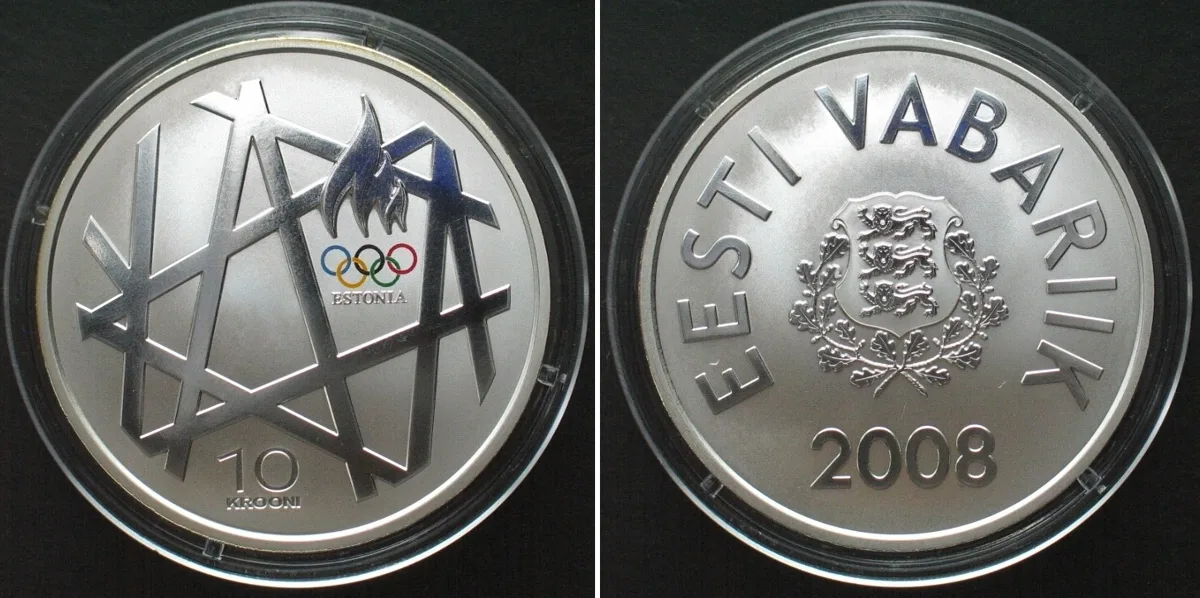 2008 ESTONIA. 10 Krooni 2008, Olympics Beijing, silver, Proof