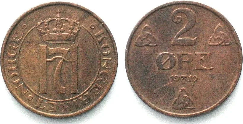 1910 NORWAY 2 Ore 1910 HAAKON VII bronze SCARCE DATE! AU