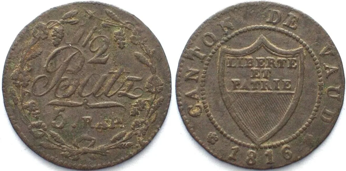1816 Swiss Cantons VAUD. 1/2 Batzen 1816 billon VF+