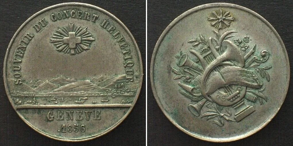 1856 GENEVA. Music Festival 1856 silver medal 25mm AU