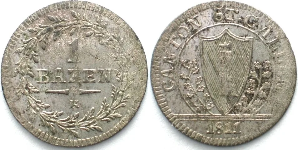 1811 Swiss Cantons SAINT GALL, Canton. 1 Batzen 1811 billon AU!