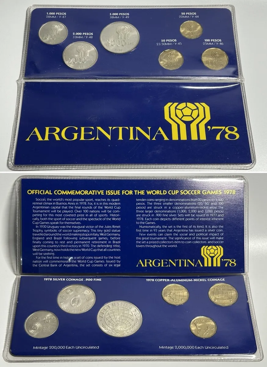 1978 ARGENTINA 1978 Set SOCCER WORLD CUP w. silver 1000, 2000, 3000 Pesos 1978 BU