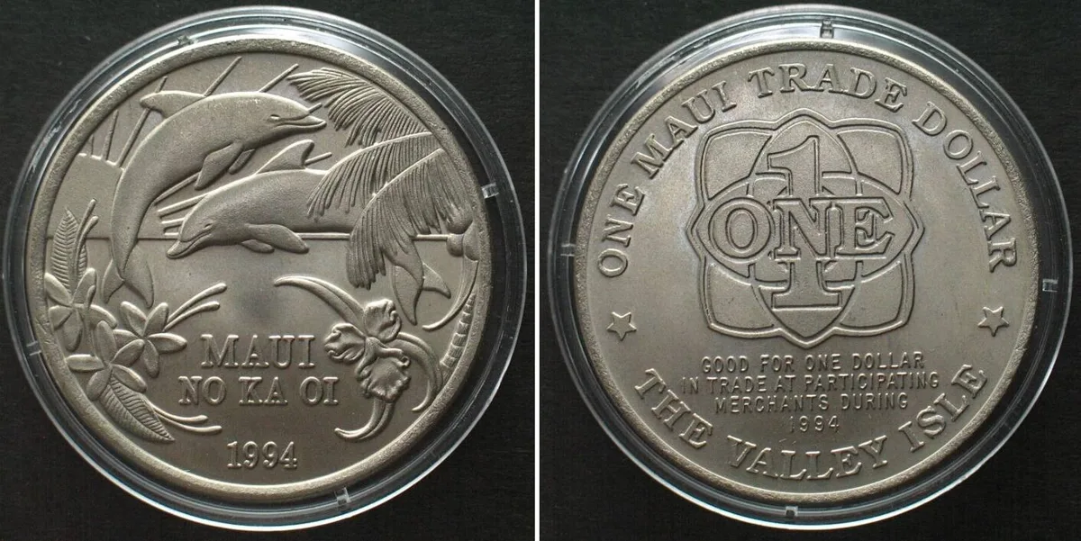 1994 HAWAII Maui Trade Dollar 1994, Dolphins, Cu-Ni BU