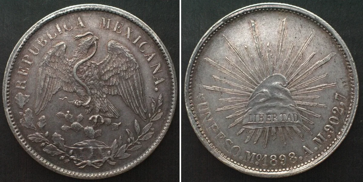 1898 MEXICO. Peso 1898 Mo AM, Mexico City mint, silver UNC-!