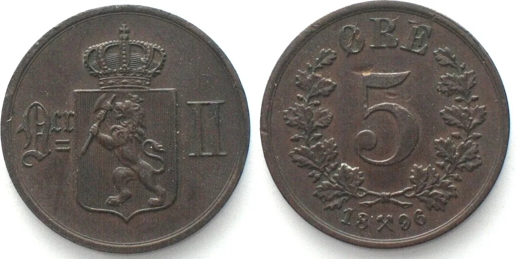 1896 NORWAY 5 Ore 1896; OSCAR II, bronze AU!
