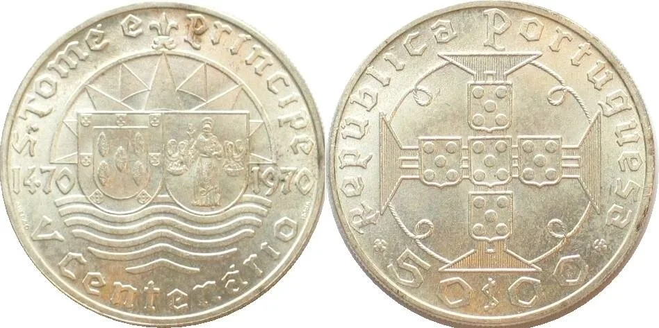 1970 PORTUGUESE ST. THOMAS & PRINCE ISLAND 50 Escudos 1970 DISCOVERY silver UNC