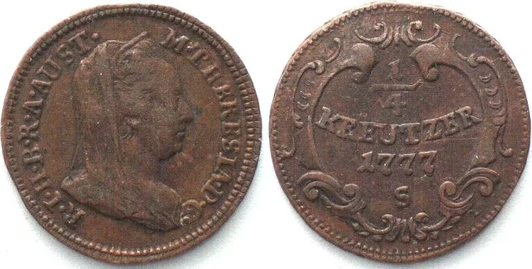 1777 AUSTRIA. Kreuzer 1777 S, Schmöllnitz mint, MARIA THERESA copper VF-XF! VF-EF