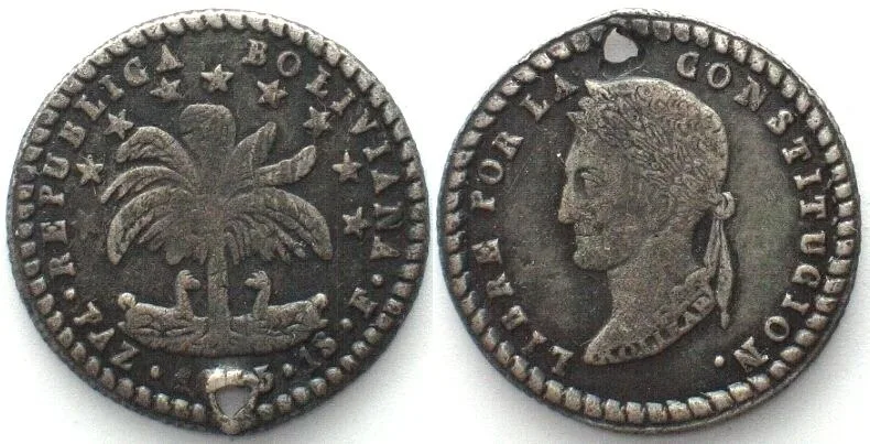 1855 BOLIVIA 1 Sol 1855 PAZ F, BOLIVAR silver RARE! XF EF