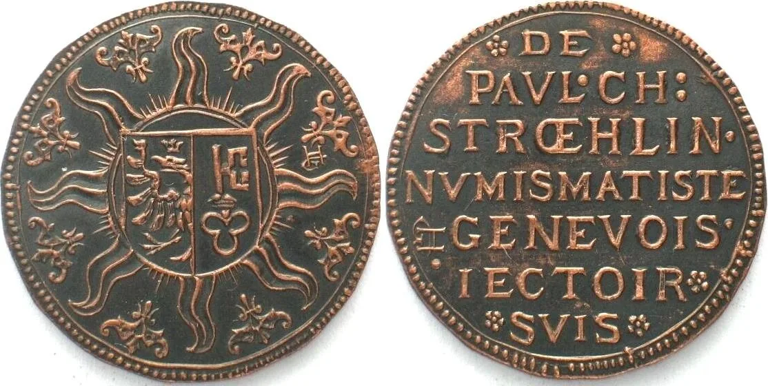 1900 "GENEVA 12 Sols 1590" Token by P.-H. STOEHLIN ca. 1900 bronze AU