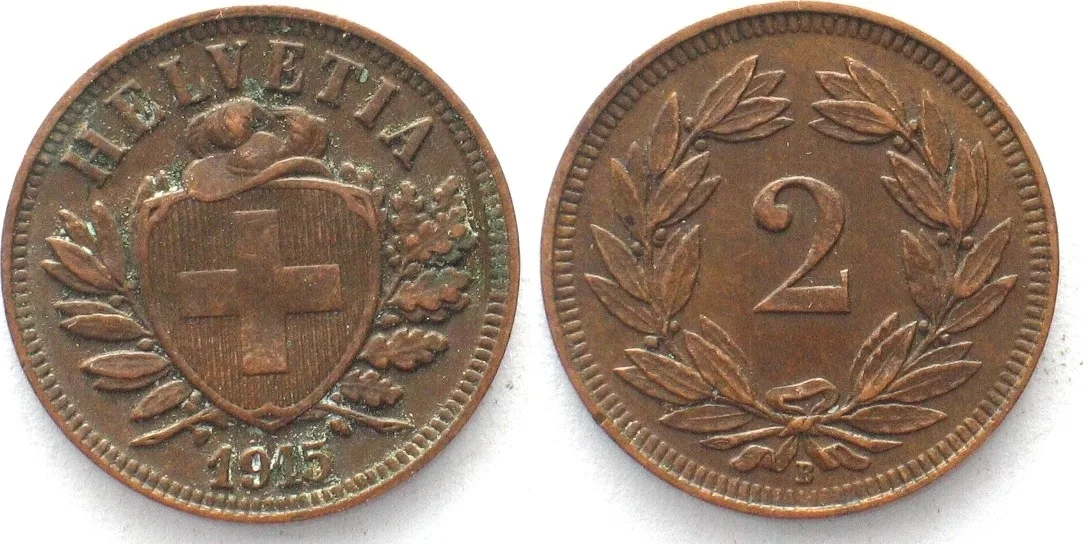 1915 SWITZERLAND 2 Rappen 1915 Bronze XF