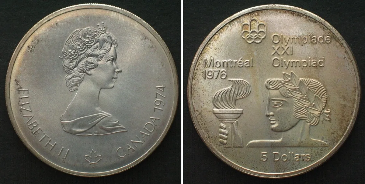 1974 CANADA 5 Dollars 1974, OLYMPICS MONTREAL, silver UNC