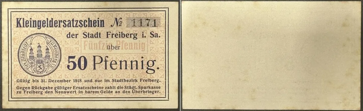 1918 GERMANY. Notgeld. FREIBERG 50 Pfennig 1918 without Letter UNC-
