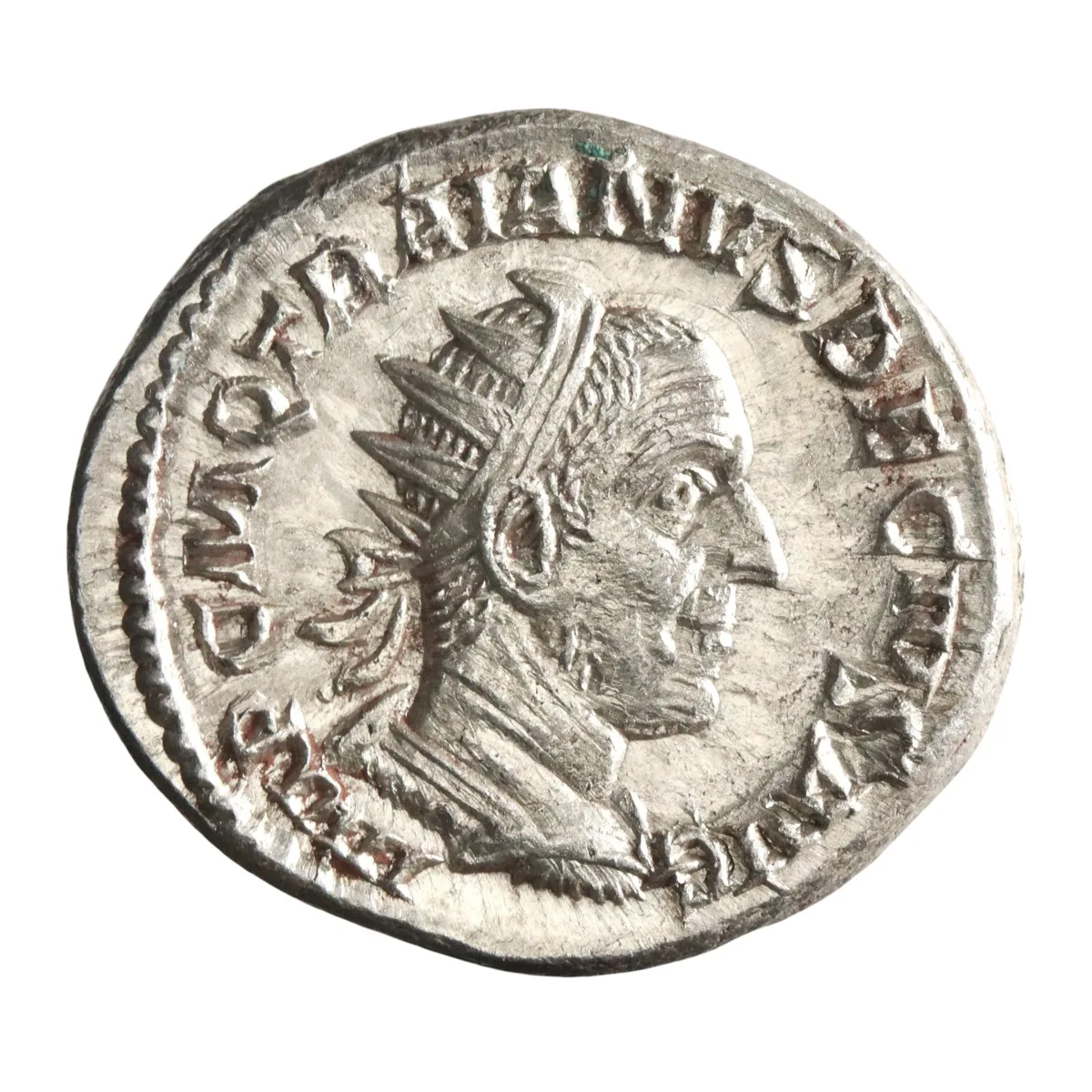 Roman: Trajan Decius (249-251), silver antoninianus (3.28g), Rome mint, 249-251 CE. Radiate bust, draped and cuirassed / Genius standing, polos on head, holding patera and cornucopiae, standard to right.