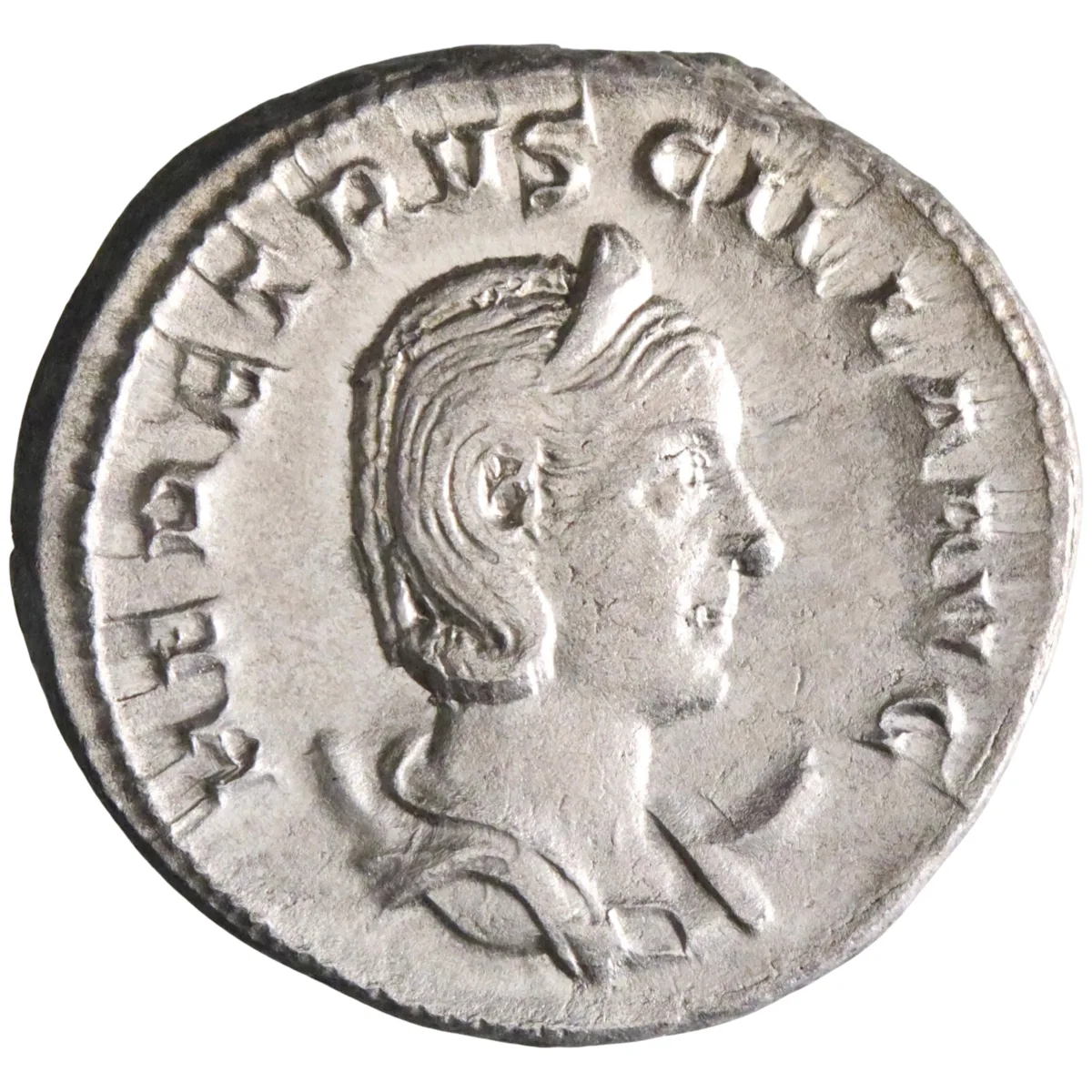 Roman: Herennia Etruscilla (249-251), silver antoninianus (4.42g), Rome mint, 249-251 CE. Pudicitia seated left, holding sceptre and drawing veil from her face.