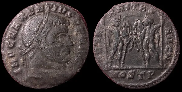 MAXENTIUS AE follis. Ostia mint. The Dioscuri Castor & Pollux standing, holding horses, Fine