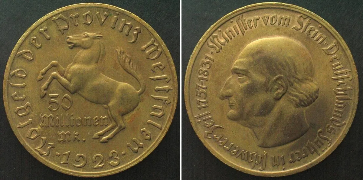 1923 Germany WESTPHALIA 50,000,000 Mark 1923 NOTGELD tombac UNC