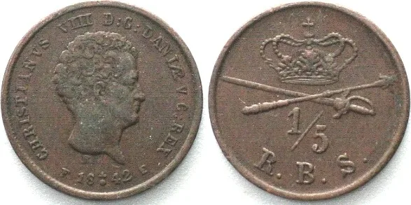 1842 DENMARK 1/5 Rigsbankskilling 1842 CHRISTIAN VIII copper AU!