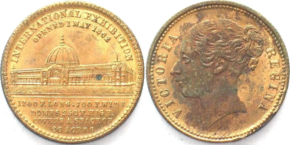 1862 1862 LONDON WORLD’S FAIR EXHIBITION BUILDING BRASS TOKEN MEDALET VICTORIA UNC