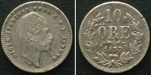 1857 SWEDEN. 10 Ore 1857 ST, OSCAR I silver VF-XF VF-EF