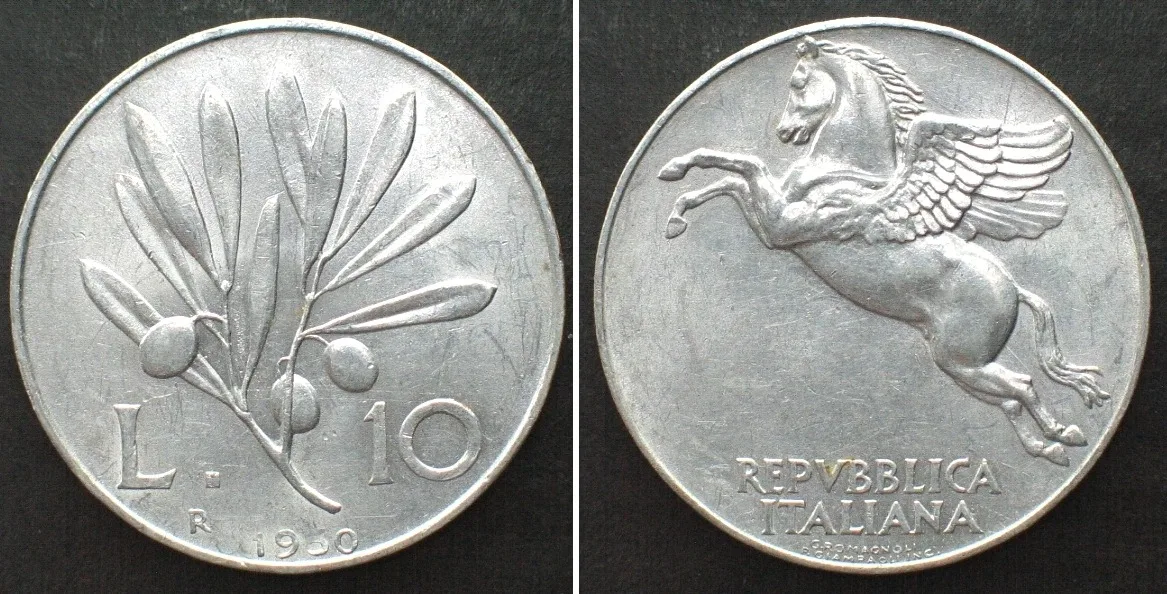 1950 ITALY. 10 Lire 1950, mint error, UNC-