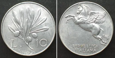 1950 ITALY. 10 Lire 1950, mint error, UNC-