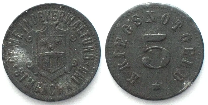 1917-1921 Germany SIMBACH a. I. (Bavaria) 5 Pfennig ND, NOTGELD, zinc XF EF