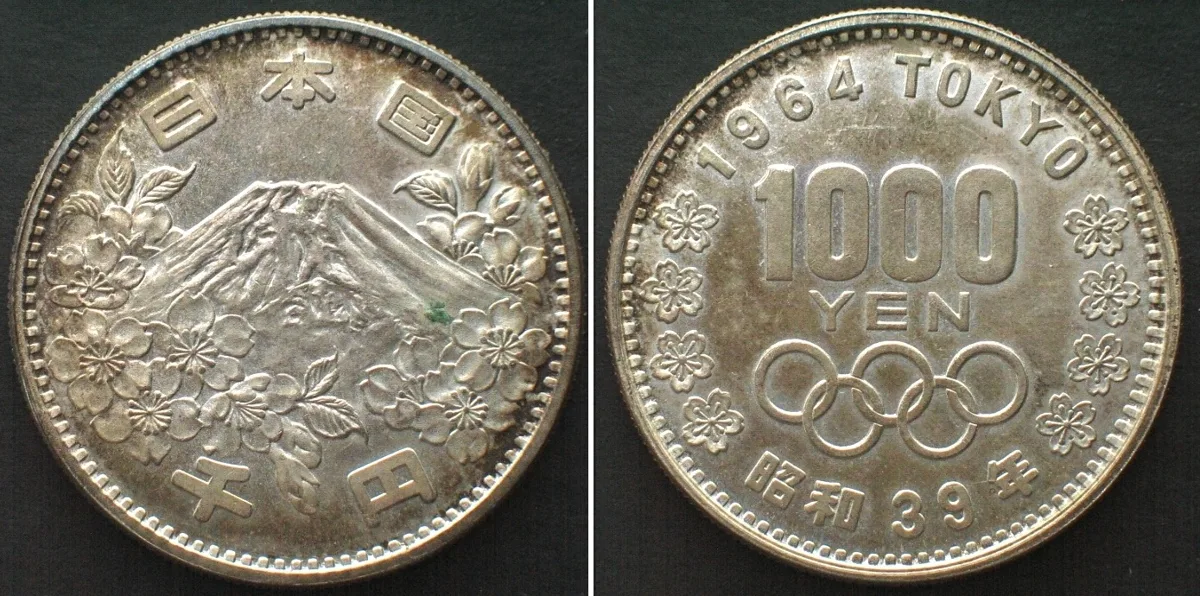 1964 JAPAN. 1000 Yen 1964 Hirohito OLYMPICS TOKYO silver, Early strike Specimen! Prooflike Specimen