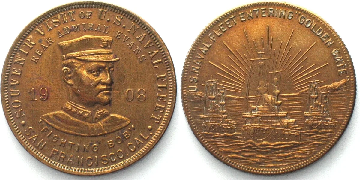 1908 U.S. NAVY WORLD VOYAGE 1908 ADMIRAL EVANS So-Called Dollar TYPE V, brass 36mm AU