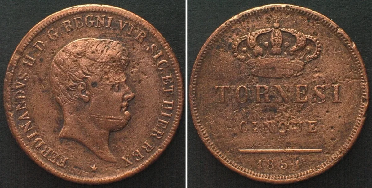 1851 Italian States TWO SICILIES. 5 Tornesi 1851 FERDINANDO II copper VF+