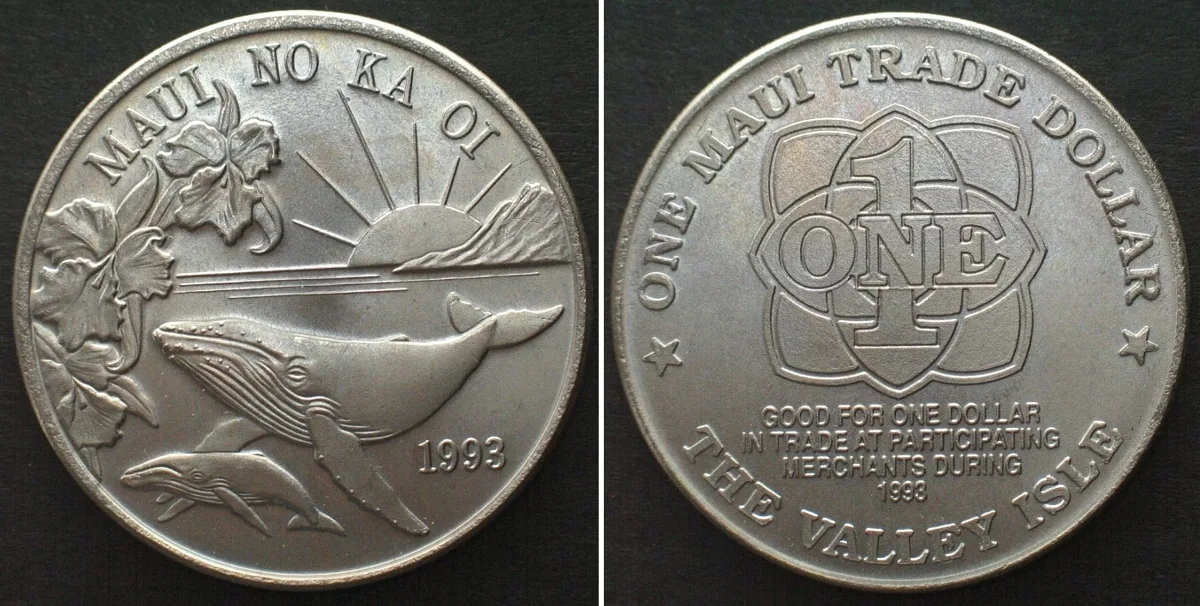 1993 HAWAII Maui Trade Dollar 1993, Whales, Cu-Ni BU