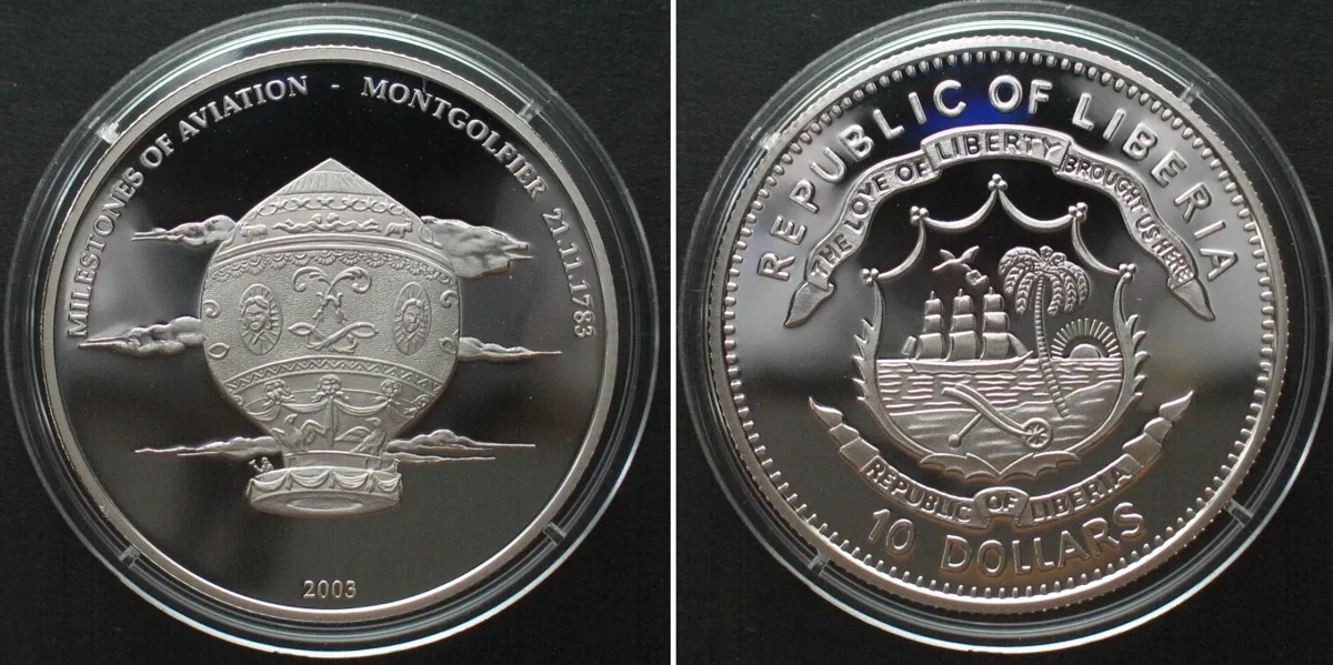 2000 LIBERIA 10 Dollars 2003 Hot Air Ballon MONTGOLFIER silver Proof