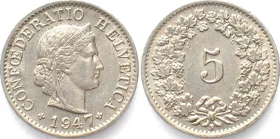 1947 SWITZERLAND 5 Rappen 1947 Cu-Ni UNC!
