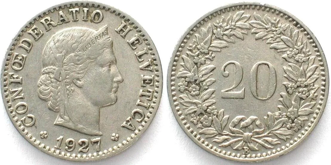 1927 SWITZERLAND 20 Rappen 1927 nickel XF! EF