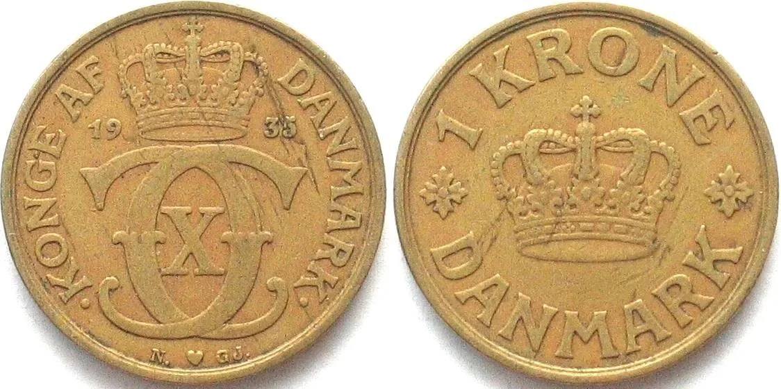 1935 DENMARK 1 Krone 1935 CHRISTIAN X Al-Br KEY DATE! VF+