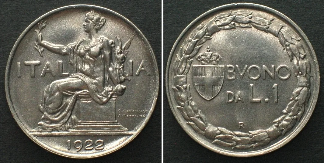 1922 ITALY 1 Lira 1922 VITTORIO EMANUELE III nickel UNC!!!