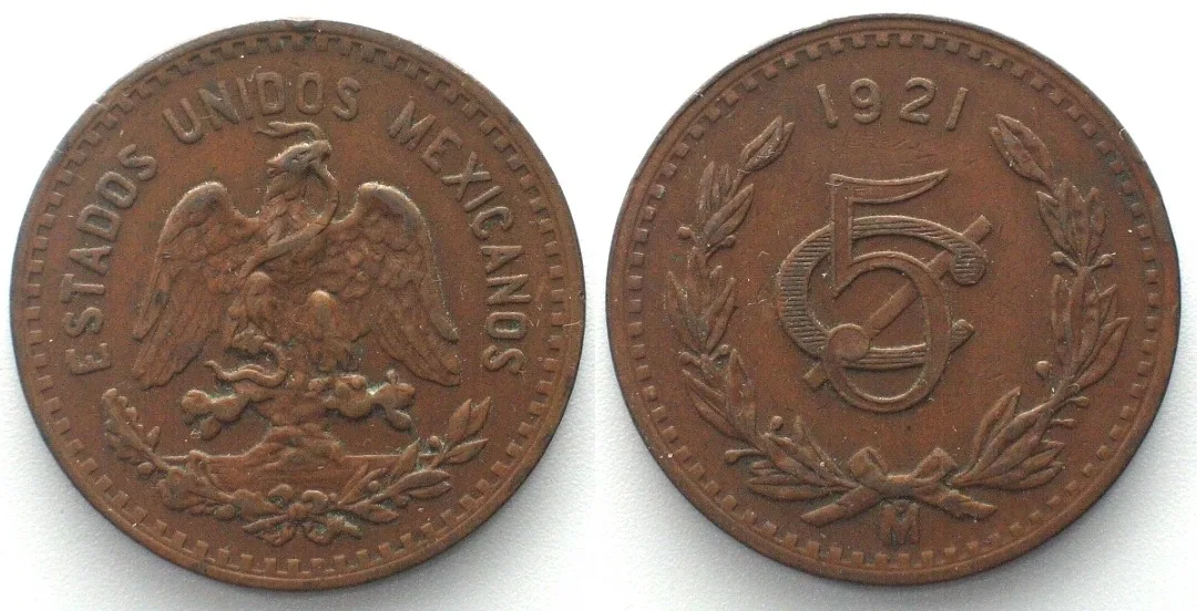 1921 MEXICO. 5 Centavos 1921, bronze, XF! EF