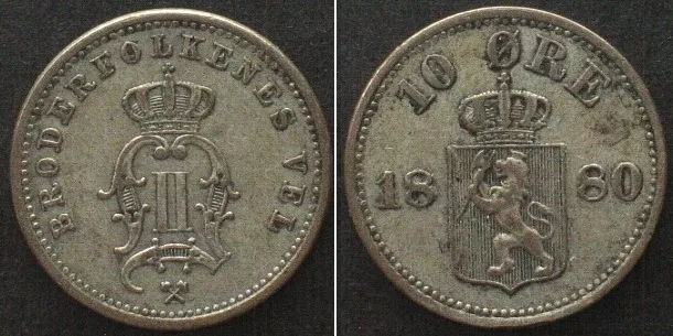 1880 NORWAY: 10 Øre 1880, OSCAR II of SWEDEN, silver SCARCE DATE! EF-