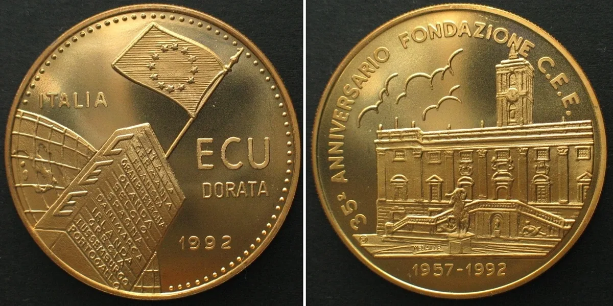 1992 ITALY Ecu dorata 1992, 35th Ann. of EEC, Cu-Ni gilt BU