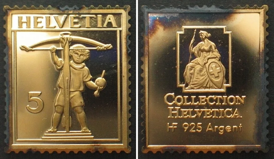 1985 COLLECTION HELVETICA, Tellknabe, 5 Rp. 1910, silver ingot Proof